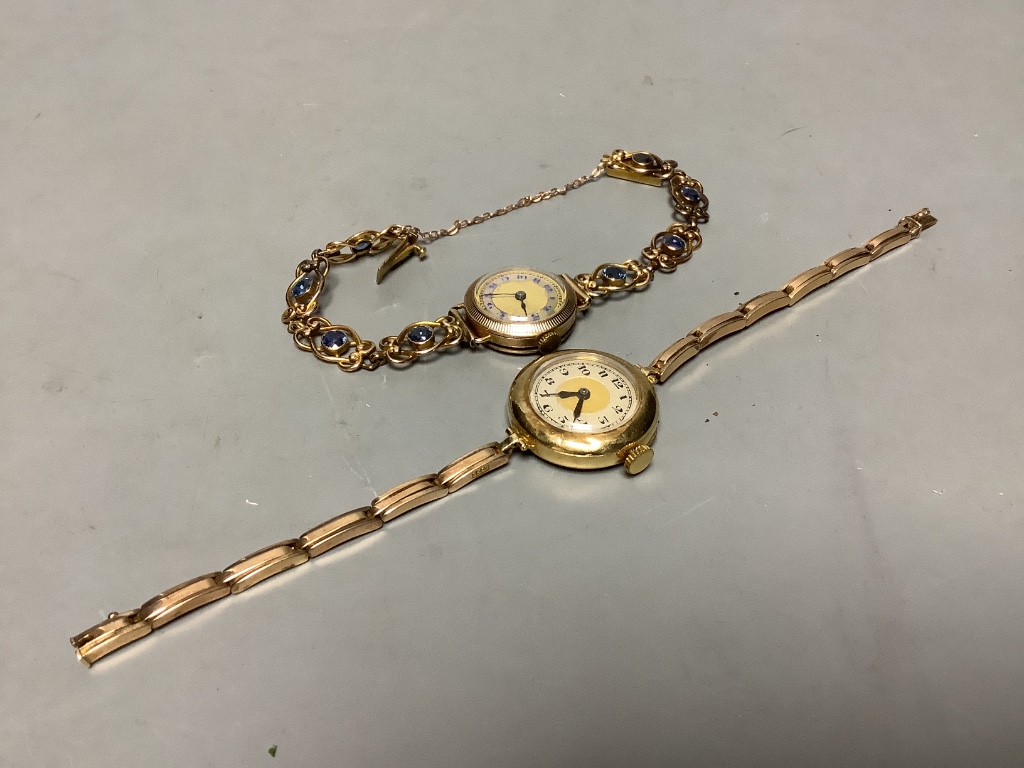 A lady's 1920's 18ct gold manual wind wrist watch, on a 15ct flexible strap, gross 21.3 grams, together with a similar 9ct gold wrist watch on a 14ct and gem set bracelet, gross 17.9 grams.